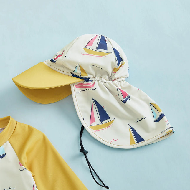 0-6Y Boys Rash Guard Swimsuit Set Sailboat Print Long Sleeve Zipper Tops with Shorts and Swim Hat 3Pcs Outfits