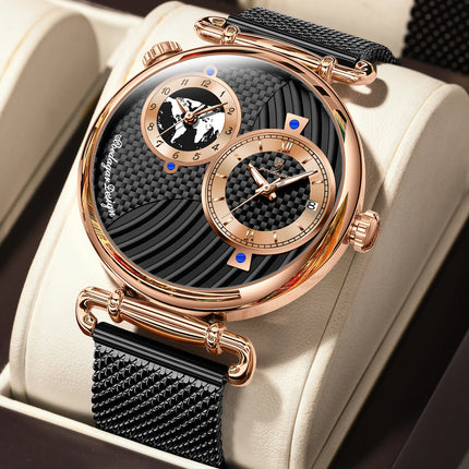 POEDAGAR Fashion Man Clock Dual Time Zone Display Waterproof Date Men Watch Sports Mesh Stainless Steel Men's Quartz Watches+Box