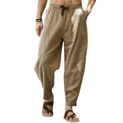 Men's Cotton Linen Pencil Pants Summer Loose Elastic Waist Hip Hop Trousers Solid Color Breathable Casual Joggers