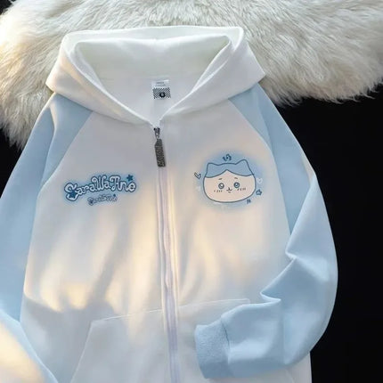Japanese Kawaii Rabbit Ears Hoodie Sweatshirts Spring Autumn Lazy Sweet White Blue Cardigan Long Sleeve Loose Knitted Top