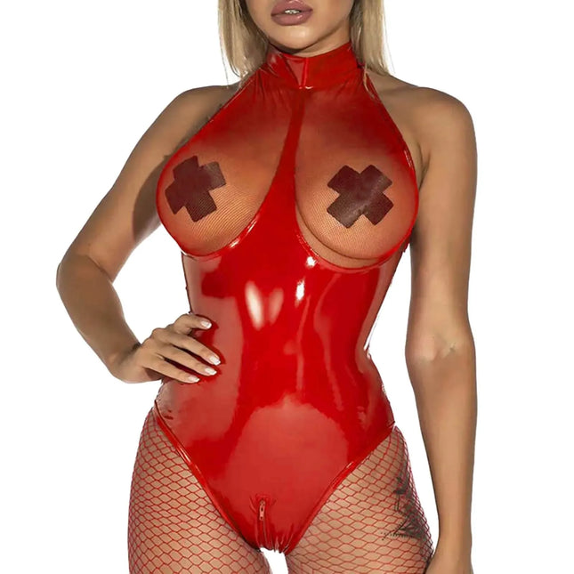 Sexy Lingerie Women Mesh Faux Leather Bodysuits Latex Body Femme Catsuit Fetish Clubwear Erotic Open Crotch Underwear Teddies