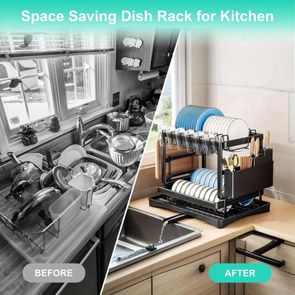 2-Tier Carbon Steel Dish Drying Rack with Drainboard, Large Capacity Kitchen Counter Organizer for Cups, Bowls & Bottles