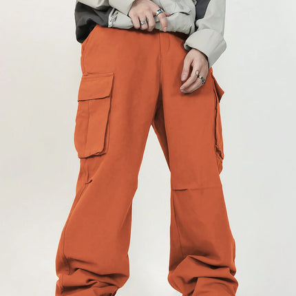 3D pockets, street-bombing workwear, trendy functional lacing, loose-fitting casual pants, men's straight-cut fashion