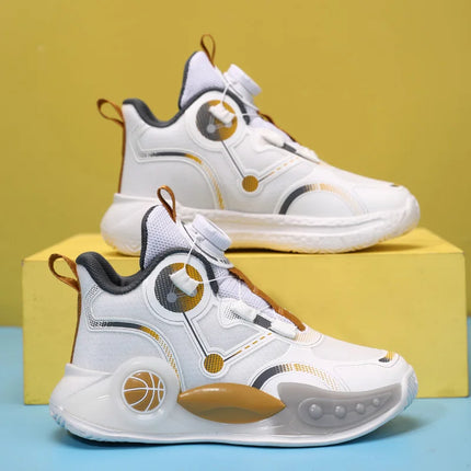 Children Basketball Shoes Boys Sports Comfortable Non Slip Flat Fitness Shoes 2025 New Rotating Button Sports Sneakers for Kids