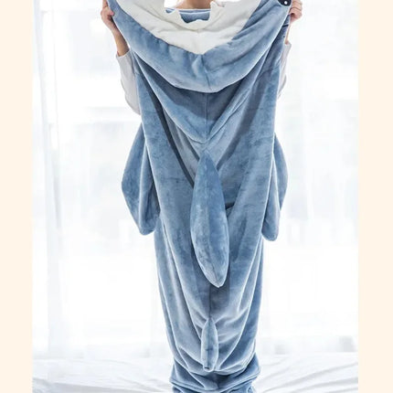 Cartoon Shark Blanket Plaid Gown Sleeping Bag Women Pajamas Adult Blanket Flannel Shark Nightrobe Comfy Bathrobe Homewear Gift