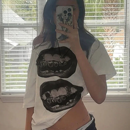 American Street Hip Hop Mouth Print Loose T-shirt Women Personalized Casual Top