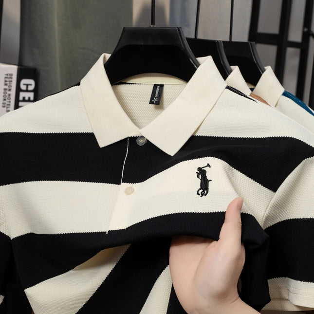 Men's Contrasting Striped Lapel Short Sleeved T-shirt, Summer Dad Outfit, New Cool POLO Top