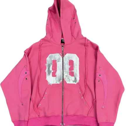 Trendy cardigan hooded sweatshirt with American print retro high street loose casual metal decorative jacket