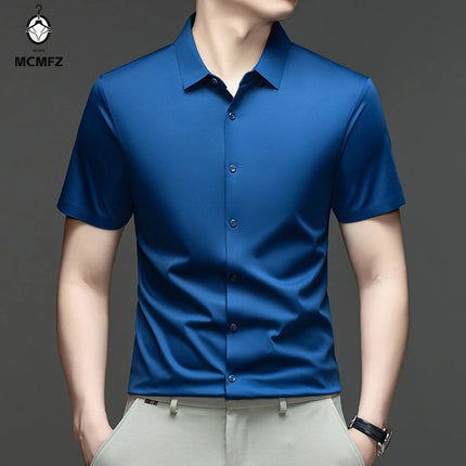 Casual Mens Short Sleeve Button Down Shirt Ice Silk Fabric Breathable Wrinkle Resistant Summer Formal Top