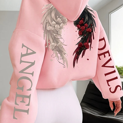 Women's Plus-size Hooded Sweatshirt Gothic Angel and Demon Pattern Autumn and Winter Fleece Streetwear Oversized Loose Casual