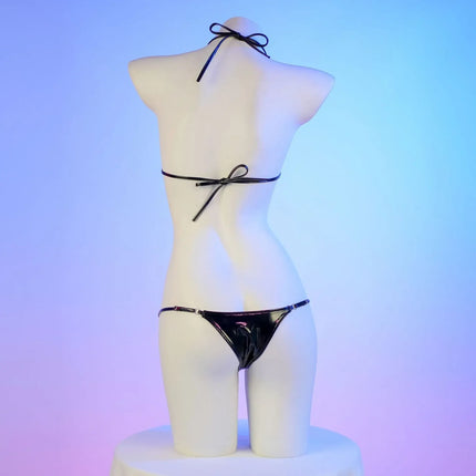 Anime Mini Bikini Set Black  Pu Leather Maid Bathing Suits Leather Bra With Lace Cosplay Costume Girl Swimsuit Role Play Lace