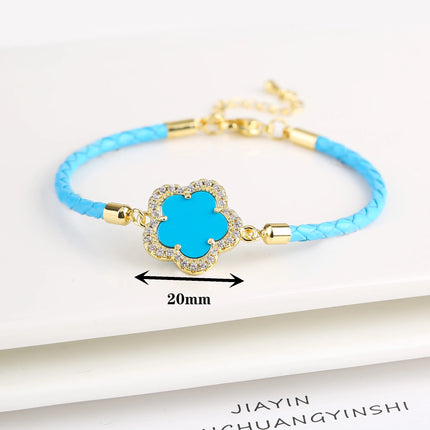 Classic Genuine Leather Woven Natural Stone Five Leaf Flower Charm Bracelet Fashion for Women Girls Party Wedding Jewelry Gift