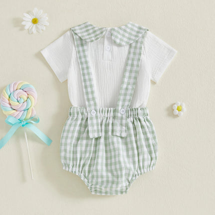 Pudcoco Baby Boys Shorts Set Doll Collar Romper with Plaid Suspender Shorts Summer Outfit 0-18M
