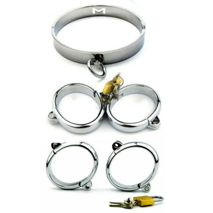 Metal Handcuffs Ankle Cuff with Chain Bondage Collar Restraint Shackles Set BDSM Handcuffs Steel Collars Sex Tool Toys