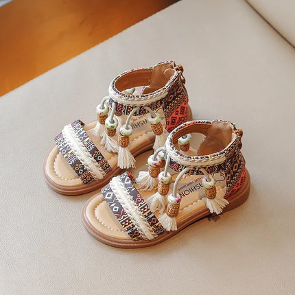 Girls Sandals Ethnic Retro Children Fashion Casual Shoes Tassels 2024 Back Zipper Summer New Sandals Kids Pattern GLADIATOR Cute
