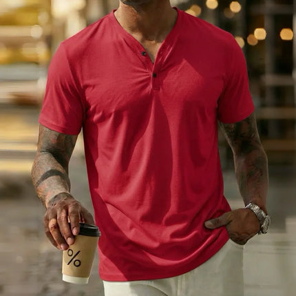 Men's solid color V-neck Henley short-sleeved T-shirt, casual button-down placket, everyday commuting base layer.