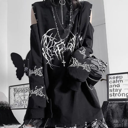 Two-Dimensional Dark Print Subculture Punk Long-Sleeved Loose Bf Style Off-Shoulder Sweatshirt with Zipper Design for Spring