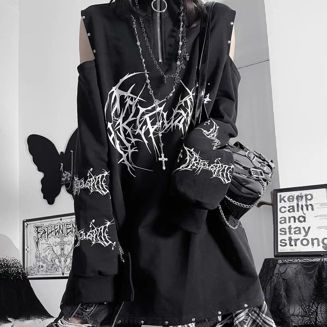 Two-Dimensional Dark Print Subculture Punk Long-Sleeved Loose Bf Style Off-Shoulder Sweatshirt with Zipper Design for Spring