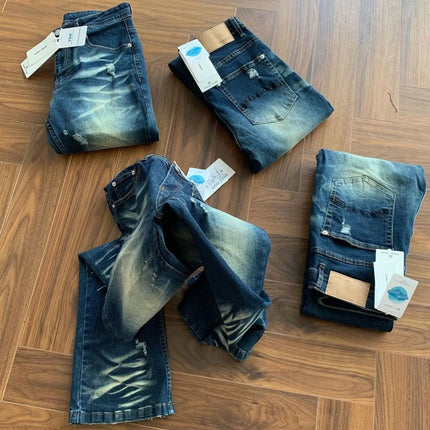Luxury Jeans for Man Original 2026 Wind Heavy Water Wash Dark Blue Washed Cat Beard Jeans Slightly Slim Fit Old Long Pants Men