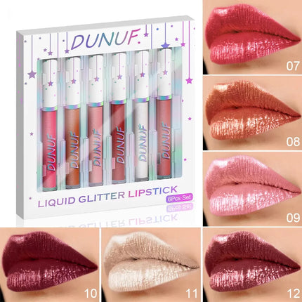 DUNUF 6 pcs set pearlescent metallic color long lasting lip gloss waterproof sweatproof non-stick lipstick
