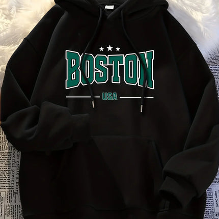 Autumn and winter hooded sweatshirt, BOSTON printed trendy street casual hip-hop fashion, men's and women's clothing
