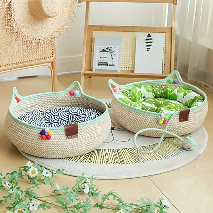 Durable 2-in-1 Cat Scratcher & Bed + Colorful Balls. Space-saving, natural style for cats & small dogs.