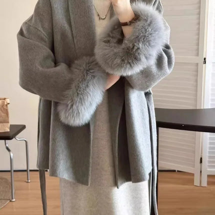 DFDG Short Lace-Up Lapel Cashmere Wool Coat for Women's Fashion Temperament 2024 Autumn and Winter New Collection