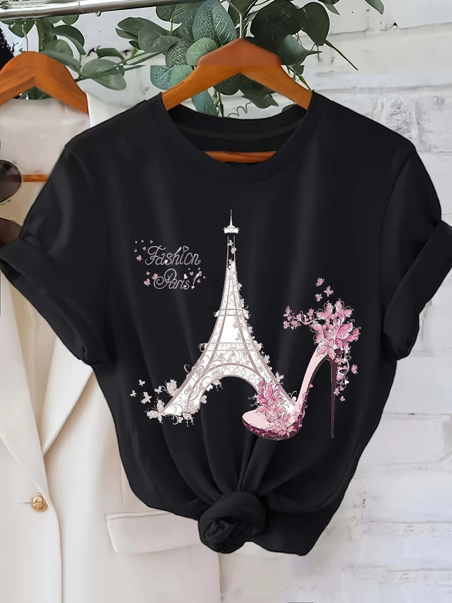 Vibrant Eiffel Tower Graphic Tee Casual Short Sleeve Crew Neck Top for Spring & Summer with Comfortable