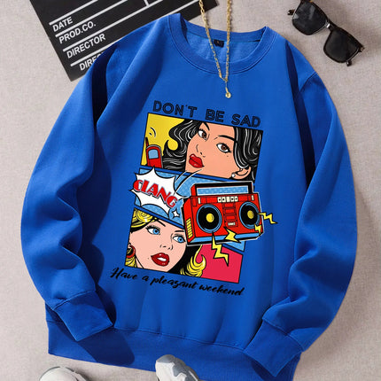 Cartoon Beauty Printing Sweatshirts For Womens Casual Comfortable Crewneck Hoodies Loose Fleece Warm Sportswear Clothes