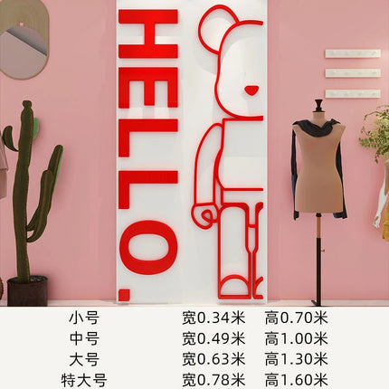 Cartoon Bear Wall Sticker with Hello Letter Acrylic Mirror Wall Decal Self-adhesive DIY Living Room Bedroom Home Decor
