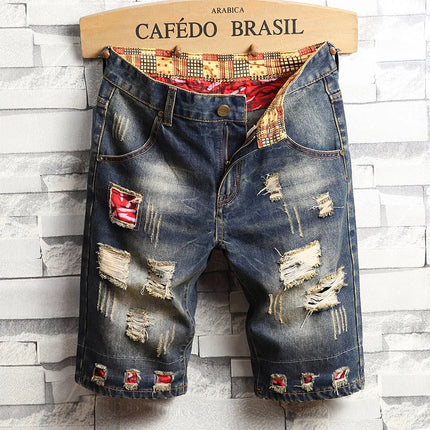 2026 new large size denim shorts retro ripped slim men's five quarter pants with cloth medium pants ripped jeans