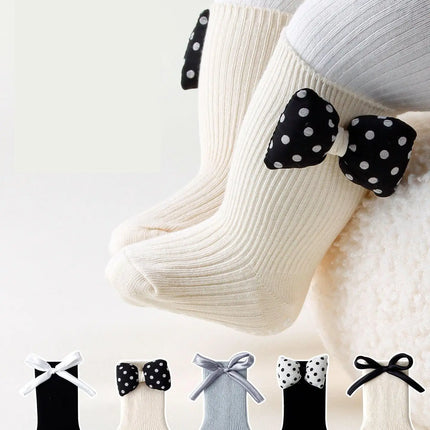 1/4pairs 0-2Y Cute Baby Girls' Cotton Mid-calf Socks Solid Bowknot Non-slip Sockens Toddler Kids Spring & Autumn Newborn Socks