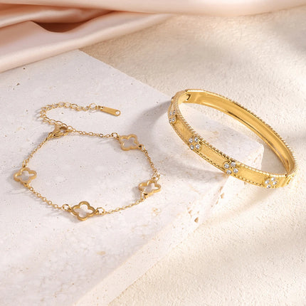 Women's Fashion Stainless Steel Four Leaf Flower Bracelet Set Stacking Design For Party Daily Jewelry Accessory