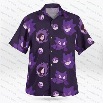 Anime Gengar Pattern Pokemon Button Up Hawaiian Shirt Summer Sports Dry Quickly Men's T-Shirt Kids Clothing Tee Y2k Woman Shirt