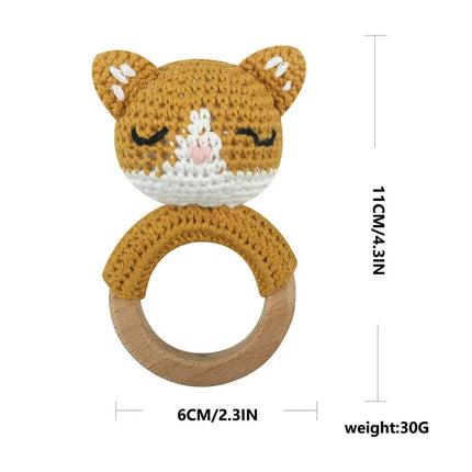 Amigurumi Cartoon Animal Baby Rattle Cute Wooden Ring Handhold Newborn Rattle Toys Handmade Pacifier Clips Kids Educational Toys