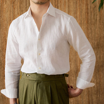 Mr. Lu San Men's White 100% Linen Italian-Style Eight-Collar Long-Sleeved Casual Shirt Breathable Light Luxury for Commuting