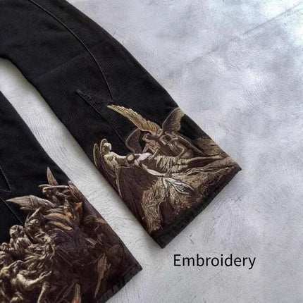 Mens Jeans Harajuku Y2K Streetwear Heavy Angel Embroidery Patchwork Washed Denim Pants Straight Leg Loose Fit Vintage New Spring