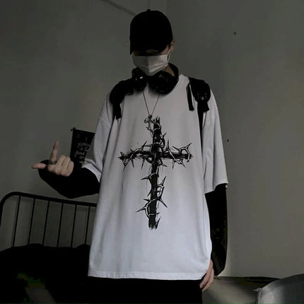 T-shirt for Men Summer Cross of Thorns Suitcase Men's T-shirts Long-sleeved Dark Hip-hop Men's oversize t-shirt Y2k T Shirt Tops