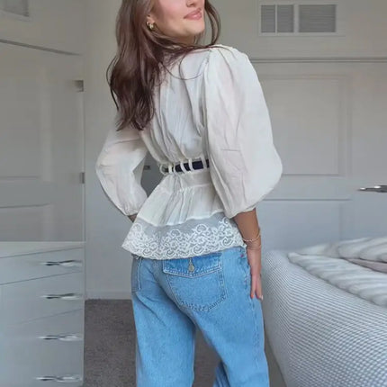 Elegant Lace Patchwork Women Shirt Half Sleeve V-Neck Lace Up Waist-Closed Lady Top 2026 Spring Summer Casual Female Streewear