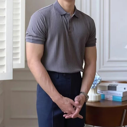 Vertical Stripe Knit Polo Men's Shirts Summer New Slim Solid Color Breathable Turn-Down Collar Business Short Sleeve Polo Tops