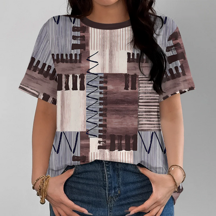 Abstract Brown And Beige Pattern Print Tee for Women – Modern Art-Inspired Casual Summer Short Sleeve Top