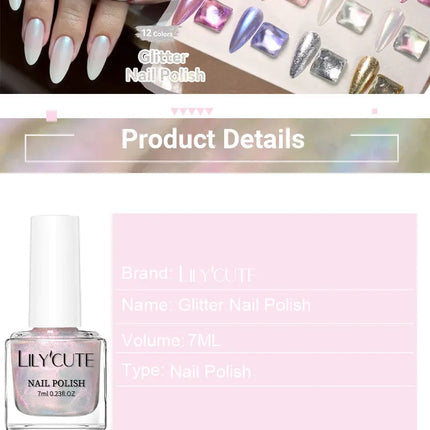 LILYCUTE 7ml Pink Glitter Nail Polish Colorful Bright Shining Pearl Effect Nail Art DIY Decoration No Need of Lamp to Cure