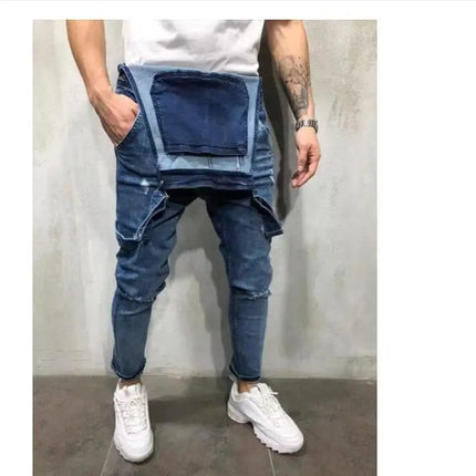 Men Jeans Overalls High Street Ripped Denim Jumpsuits Hip Hop One Piece Cargo Pants Cowboy Male Pockets Hole Suspenders 2024