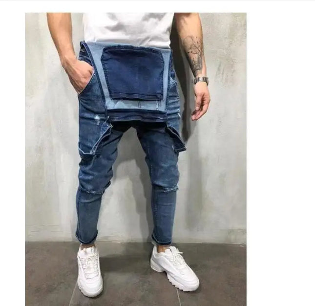 Men Jeans Overalls High Street Ripped Denim Jumpsuits Hip Hop One Piece Cargo Pants Cowboy Male Pockets Hole Suspenders 2024