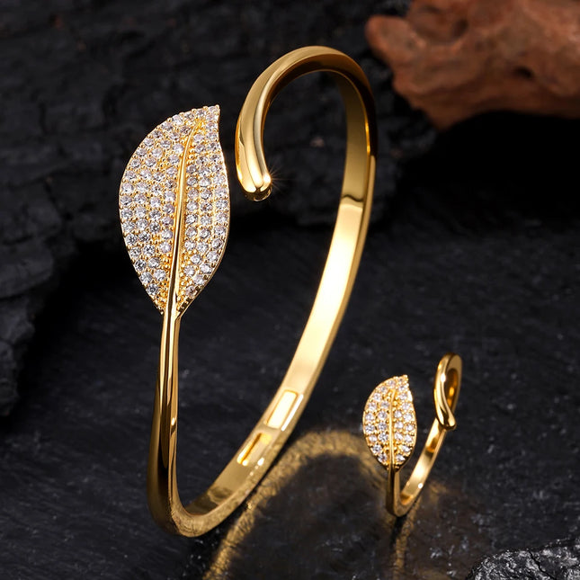 ZAKOL 9 Styles Golden Open Bracelet Ring Jewelry Set Geometric Shiny Zircon 18K Gold Plated Middle East Wedding Party Jewelry