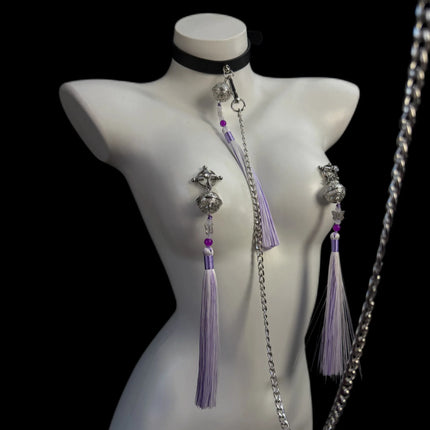 Purple Women's Fringe Nipple Clamps, SM Collar, Butt Plug, Bells, Couples' Teasing Adult Toys, Nipple Stimulation Sex Product