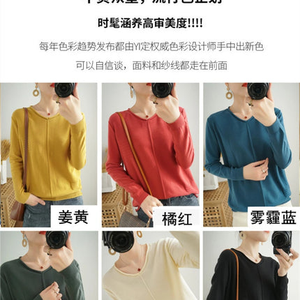 2023 Autumn/Winter Women's New Pullover Casual Solid 100% Cotton Knitted V-Neck Loose Sweater Fashion Soft Breathable Top