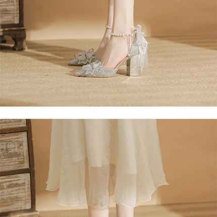 Spring Pointed Toe Party Wedding Shoes for Women, Bride Bow Thick Heel Silver Sequin Fairy Lolita Style Single Shoes