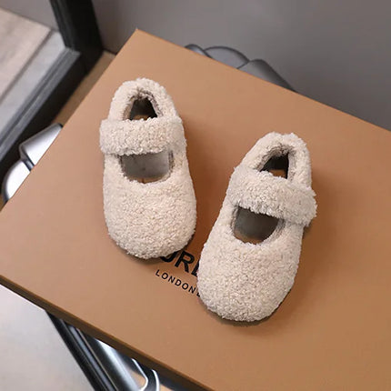 Children Fur Shoes 2024 Winter Kids Warm Plush Shoes For Girl Flat Loafers Moccasins Girls Casual Shoes Khaki, Beige
