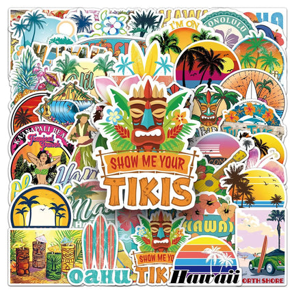 50PCS Outdoor Hawaii Surfing Stickers Summer Tropical Beach Surfing Waterproof DIY Surfboard Skateboard Phone Cup Kid Toys Gift